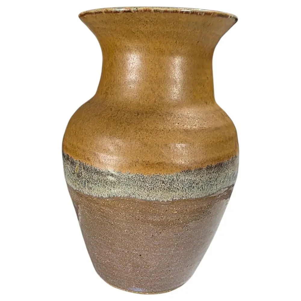 Studio Pottery Vase Signed 1993 Brown Mustard Drip Glaze 7.75